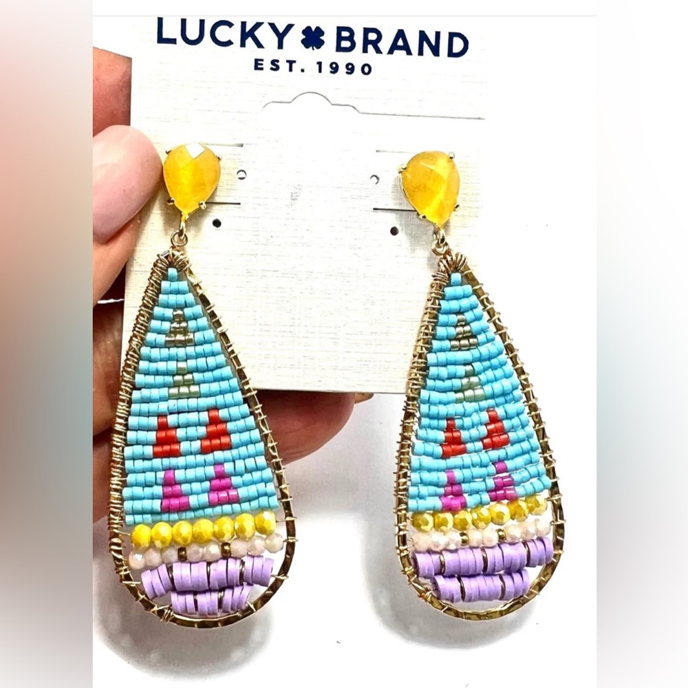 Lucky Brand Pierced Earrings, Beaded Drops, Bright Colors, NWT